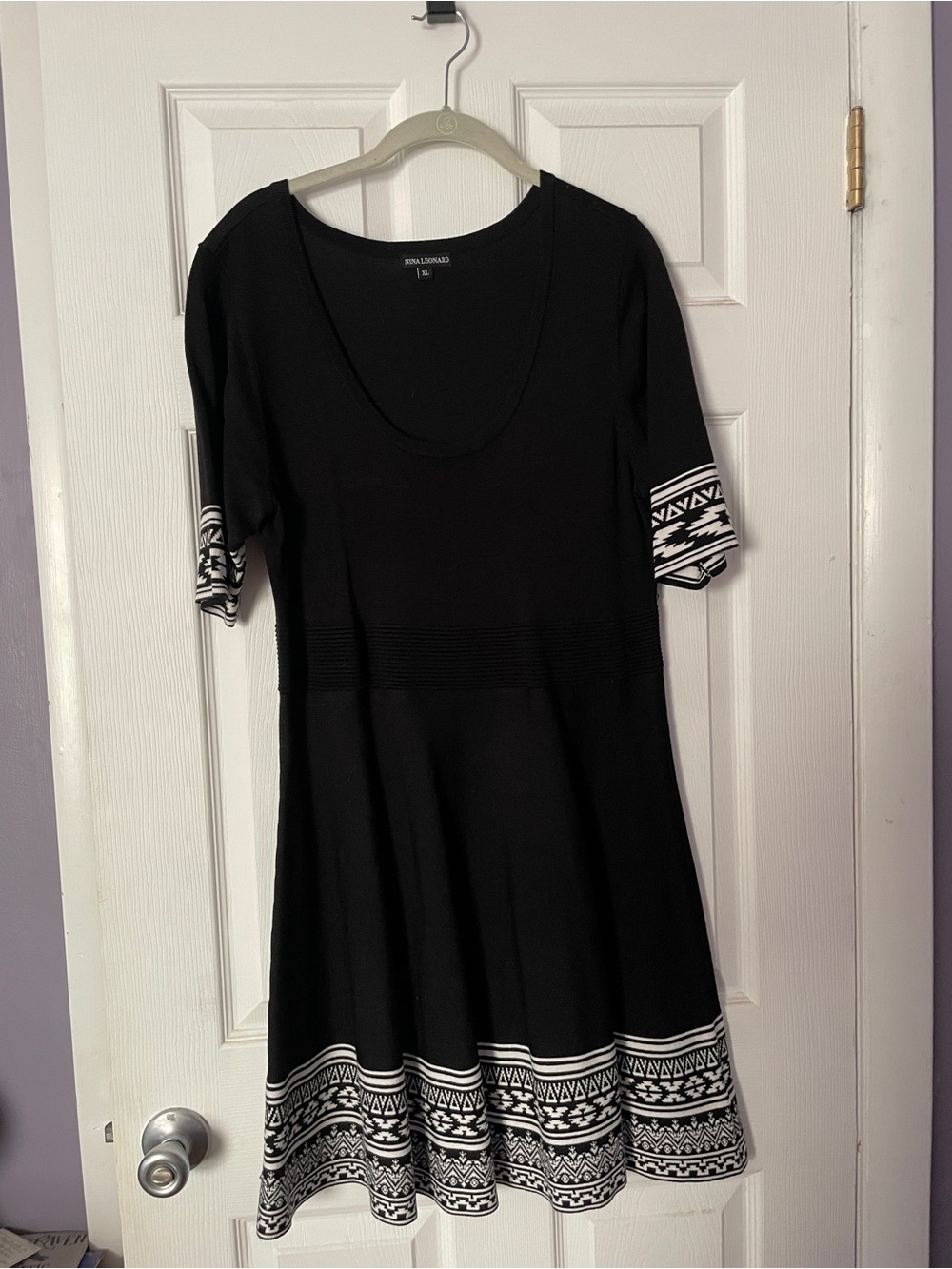 Nina Leonard Black Mini Dress with White Ikat Trim